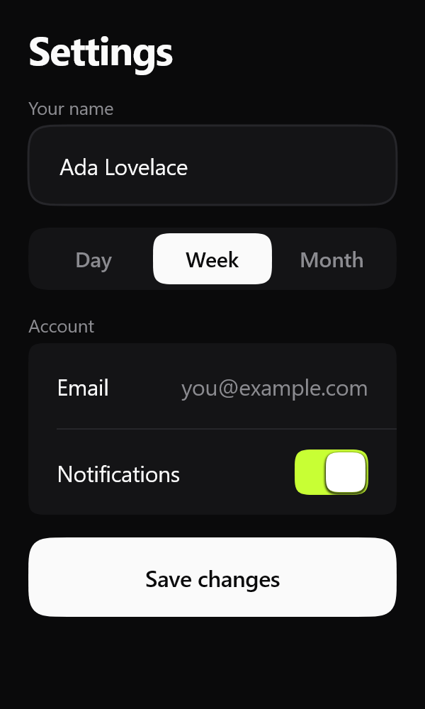 A settings screen built entirely from Lamintra components: a text field, a segmented control, a card of list rows with a lime switch turned on, and a solid primary button.